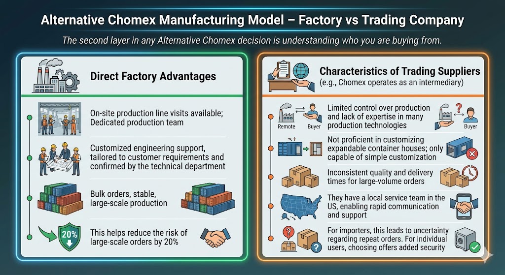 This image is a professional company infographic titled "Alternative Chomex Manufacturing Model – Factory vs Trading Company." It provides a detailed comparison of the "advantages of a direct factory" versus the "characteristics of a trading supplier."