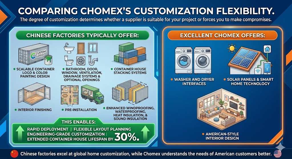 A detailed comparison infographic showing that while Chinese factories provide robust engineering-grade modular options like structural stacking and pre-installed systems, Chomex specializes in lifestyle-focused customization for the US market, such as smart home tech and American-style interior design.