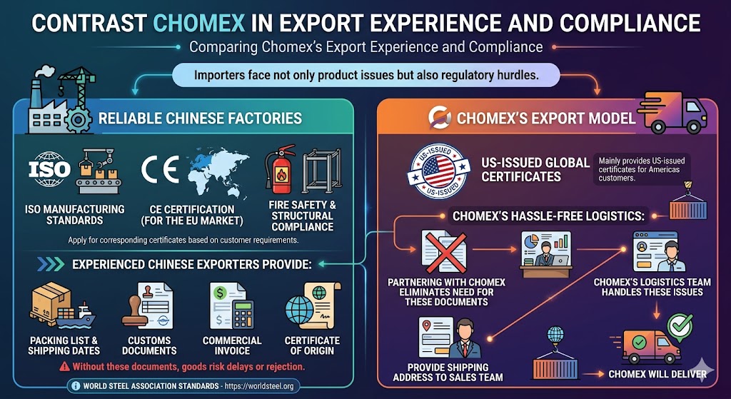 The infographic illustrates the advantages of using Chomex’s Export Model compared to standard direct importing from Chinese factories. It highlights how Chomex simplifies the regulatory and logistical hurdles that importers typically face.