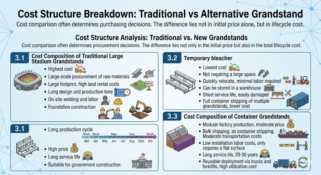 This educational infographic analyzes the total lifecycle costs for three types of stadium grandstands, moving beyond initial price to consider long-term procurement factors. The graphic is structured into three main numbered sections against a light blue, networked background.