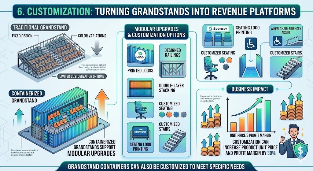 A professional business infographic titled "Customization: Turning Grandstands into Revenue Platforms" that contrasts traditional fixed seating with modular containerized grandstands, highlighting how features like printed logos, double-layer stacking, and wheelchair accessibility can drive a 30% increase in unit price and profit margins through high-value modular upgrades.