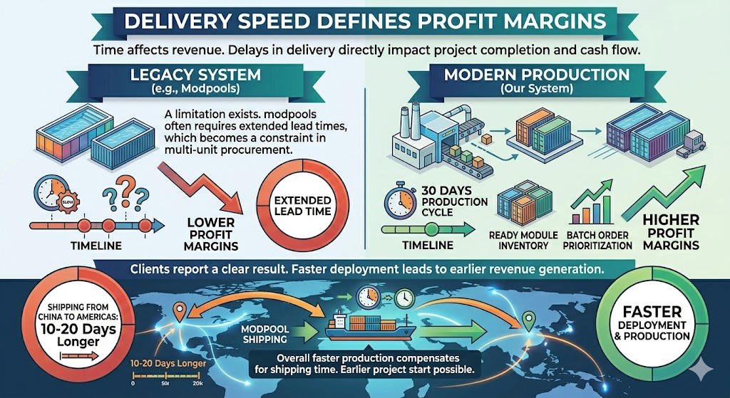 container pool production and delivery timeline faster than modpools alternatives