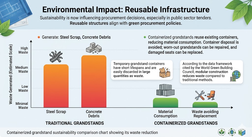 A professional infographic titled "Environmental Impact: Reusable Infrastructure," comparing the waste generation of traditional grandstands versus containerized grandstands. On the left, two high orange bars represent "Traditional Grandstands," showing high levels of waste from steel scrap and concrete debris. On the right, two significantly lower green bars represent "Containerized Grandstands," highlighting minimal material consumption and waste avoidance through replacement.
