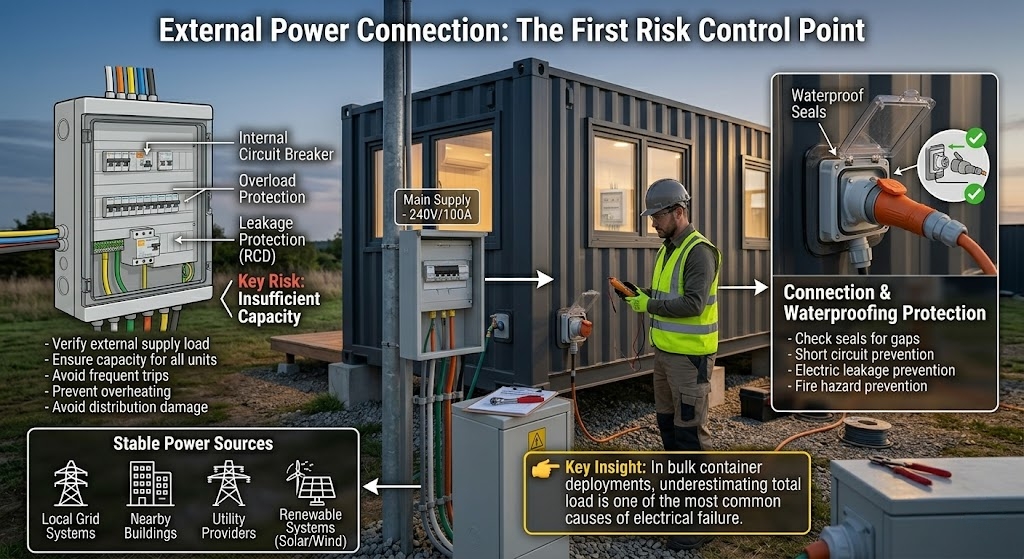 An infographic detailing external power connection safety and waterproofing measures for container houses.