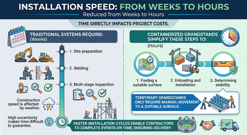 This infographic compares the speed of traditional grandstand construction (taking weeks) to containerized grandstands (taking hours), highlighting how faster installation cycles for the latter enhance efficiency, predictability, and reliable project delivery for contractors.