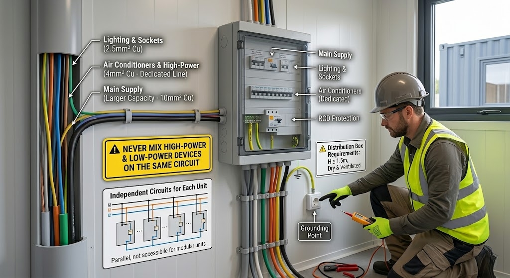 A realistic infographic showing internal wiring standards and distribution box safety for a container house.