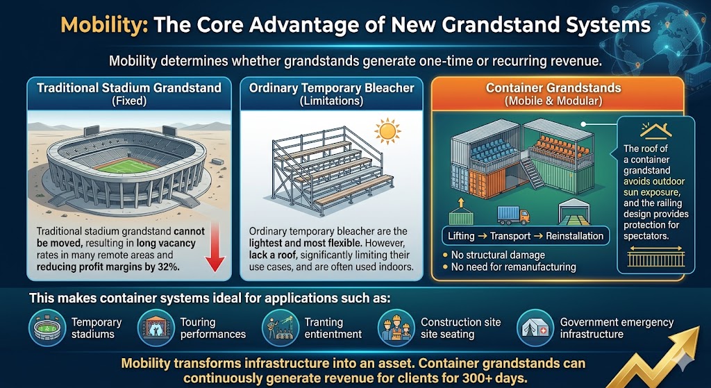 An informative infographic titled "Mobility: The Core Advantage of New Grandstand Systems," comparing fixed traditional stadiums, ordinary temporary bleachers, and modular container grandstands, highlighting the economic benefits and versatility of mobile seating.
