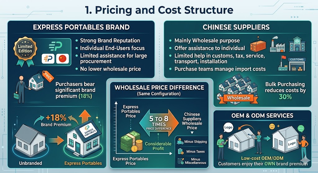 An infographic titled '1. Pricing and Cost Structure' comparing Express Portables Brand and Chinese Suppliers. The left side highlights Express Portables' high brand premium (18% markup) and focus on individual end-users. The right side shows Chinese Suppliers focusing on wholesale, bulk purchasing discounts of 30%, and OEM/ODM services. A central chart illustrates a 5 to 8 times price difference between the two, noting that even after shipping and taxes, Chinese wholesale remains highly profitable