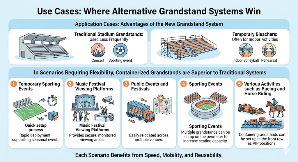 This infographic compares traditional and temporary grandstand systems with new, flexible options. It highlights five application cases where containerized grandstands excel: temporary sporting events (quick setup), music festival viewing platforms (secure and monitored), public events (easy relocation), general sporting events (perimeter seating), and racing/horse riding events (VIP positioning). Each scenario emphasizes benefits like speed, mobility, and reusability.