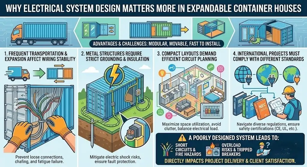 Wiring Stability: Illustrates how frequent transportation and the mechanical expansion of the house can lead to loose connections or fatigue failure in the wiring. Grounding and Insulation: Highlights the necessity of strict grounding measures for metal structures to prevent electric shocks and ensure fault protection. Circuit Planning: Shows a 3D cutout of a compact interior layout, emphasizing the need for efficient load balancing and space-saving electrical planning. International Standards: Displays various global electrical codes (like NEC, IEC) and certifications (CE, UL) required for cross-border projects. The bottom of the infographic features a warning banner stating that poor design leads to short circuits, fire hazards, and maintenance difficulties, ultimately affecting client satisfaction.