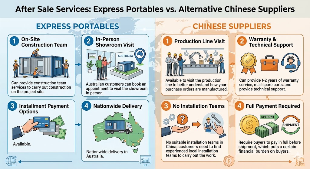 A comparison infographic titled 'After Sale Services: Express Portables vs. Alternative Chinese Suppliers.' The left side shows Express Portables' benefits: on-site construction teams, local showroom visits in Australia, installment payment options, and nationwide Australian delivery. The right side shows Chinese Suppliers' offerings: production line visits, 1-2 years of warranty with technical support, and the requirement for customers to find their own local installation teams. It also notes that Chinese suppliers require full payment before shipment, creating a higher upfront financial commitment compared to the installment options of the Australian brand