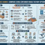 '7 OPTIONS ON ALTERNATIVE CHOMEX: COMPARE CHINA CONTAINER HOUSE FACTORY OPTIONS FOR SMART IMPORTERS'. It presents a side-by-side comparison across seven distinct categories. Below the main title, the strategic recommendation is stated: 'YOUR STRATEGIC CHOICE: PROFITABILITY VS SIMPLICITY'