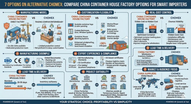 '7 OPÇÕES SOBRE CHOMEX ALTERNATIVO: COMPARE OPÇÕES DE FÁBRICA DE CASAS CONTÊINER DA CHINA PARA IMPORTADORES INTELIGENTES'. Apresenta uma comparação lado a lado em sete categorias distintas. Abaixo do título principal, a recomendação estratégica é declarada: 'SUA ESCOLHA ESTRATÉGICA: LUCRATIVIDADE VS SIMPLICIDADE'