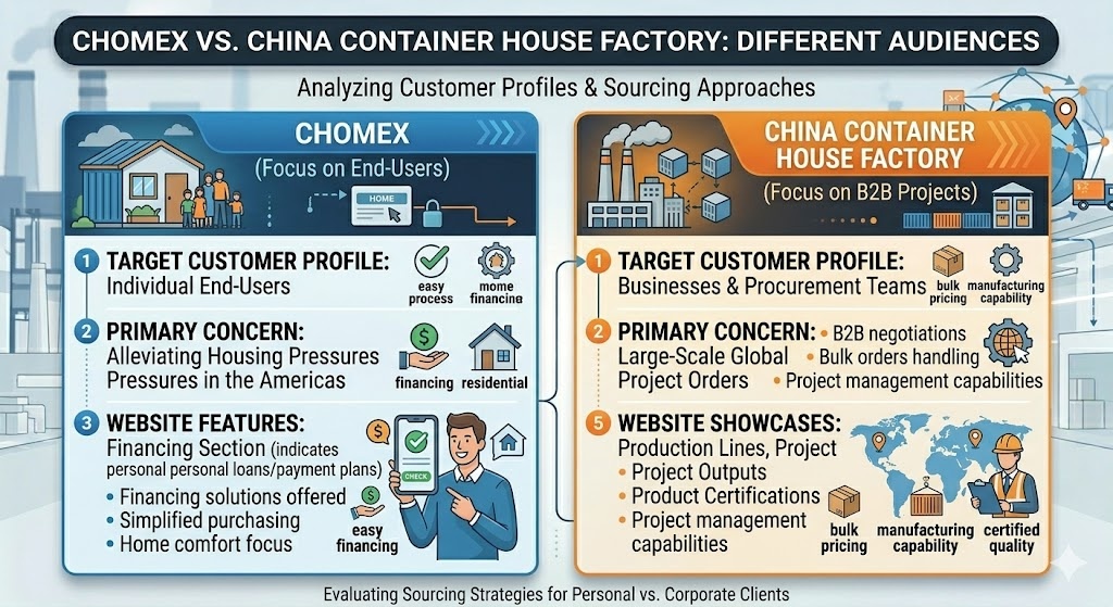 This infographic analyzes the distinct customer profiles and sourcing approaches of Chomex versus Chinese container house factories, highlighting that Chomex focuses on individual end-users by offering simplified purchasing and financing solutions to alleviate housing pressures in the Americas. In contrast, Chinese factories cater primarily to businesses and procurement teams, prioritizing large-scale global project orders, bulk pricing, and specialized project management capabilities, as reflected in their website showcases of industrial production lines and global project outputs.