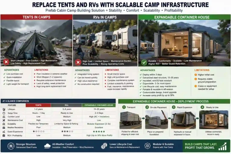 Um infográfico de comparação abrangente contrastando opções tradicionais de acomodação em acampamentos (barracas e trailers) com uma "Solução Modular de Cabana Pré-fabricada para Acampamento," apresentada como "Casas Contêiner Expansíveis." O infográfico é estruturado em uma seção superior proeminente com três colunas ilustrativas e tabelas de dados detalhadas abaixo.