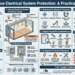 This comprehensive infographic, titled "Container House Electrical System Protection: A Practical Safety Guide," provides a structured engineering roadmap for securing modular structures. It details critical safety phases including external power connection requirements like waterproofing and load capacity verification, internal wiring standards such as using specific copper wire gauges for different appliance loads, and the essential components of a distribution box. The guide further emphasizes operational safety through daily usage rules, moisture protection strategies for high-risk areas like bathrooms, and a regular maintenance checklist to detect aging wires or overheating. Finally, it outlines emergency protocols for fires or shocks and highlights the importance of smart planning to ensure long-term durability and regulatory compliance for global container projects.