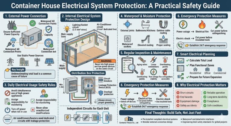 This comprehensive infographic, titled "Container House Electrical System Protection: A Practical Safety Guide," provides a structured engineering roadmap for securing modular structures. It details critical safety phases including external power connection requirements like waterproofing and load capacity verification, internal wiring standards such as using specific copper wire gauges for different appliance loads, and the essential components of a distribution box. The guide further emphasizes operational safety through daily usage rules, moisture protection strategies for high-risk areas like bathrooms, and a regular maintenance checklist to detect aging wires or overheating. Finally, it outlines emergency protocols for fires or shocks and highlights the importance of smart planning to ensure long-term durability and regulatory compliance for global container projects.