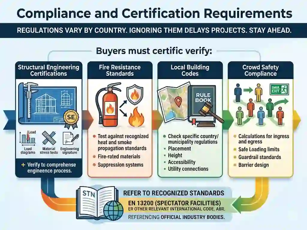 Um infográfico intitulado "Requisitos de Conformidade e Certificação" para arquibancadas de contêiner. Ele descreve um processo de verificação de quatro etapas para compradores: Certificações de Engenharia Estrutural, Normas de Resistência ao Fogo, Códigos de Construção Locais e Conformidade com a Segurança de Multidões. O gráfico apresenta ícones para plantas baixas, extintores de incêndio, livros de leis e fluxo de multidões, terminando com uma referência à norma internacional EN 13200 para instalações de espectadores.