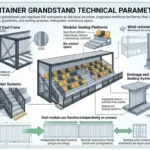 A technical infographic titled "Container Grandstand Technical Parameters." The central image shows a 3D cutaway of a modified shipping container converted into a seating bleacher. Labels point to various technical features including a galvanized steel frame (Q235), modular seating platforms with specific dimensions (800mm pitch, 950mm tread), anti-slip stair systems, wind-resistant columns, and drainage/waterproof sealing systems. The bottom section illustrates how multiple modules can be used independently or connected for larger spectator systems.