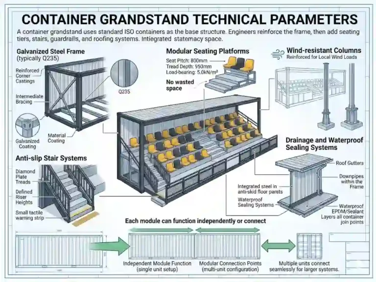 Um infográfico técnico intitulado "Parâmetros Técnicos de Arquibancada de Contêiner". A imagem central mostra um corte 3D de um contêiner de transporte modificado convertido em uma arquibancada. Etiquetas apontam para vários recursos técnicos, incluindo uma estrutura de aço galvanizado (Q235), plataformas de assentos modulares com dimensões específicas (passo de 800mm, piso de 950mm), sistemas de escadas antiderrapantes, colunas resistentes ao vento e sistemas de drenagem/vedação impermeável. A seção inferior ilustra como vários módulos podem ser usados de forma independente ou conectados para sistemas de espectadores maiores.
