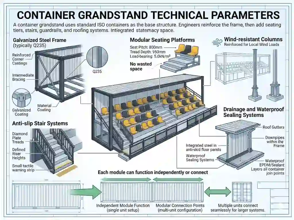 Um infográfico técnico intitulado "Parâmetros Técnicos de Arquibancada de Contêiner". A imagem central mostra um corte 3D de um contêiner de transporte modificado convertido em uma arquibancada. Etiquetas apontam para vários recursos técnicos, incluindo uma estrutura de aço galvanizado (Q235), plataformas de assentos modulares com dimensões específicas (passo de 800mm, piso de 950mm), sistemas de escadas antiderrapantes, colunas resistentes ao vento e sistemas de drenagem/vedação impermeável. A seção inferior ilustra como vários módulos podem ser usados de forma independente ou conectados para sistemas de espectadores maiores.