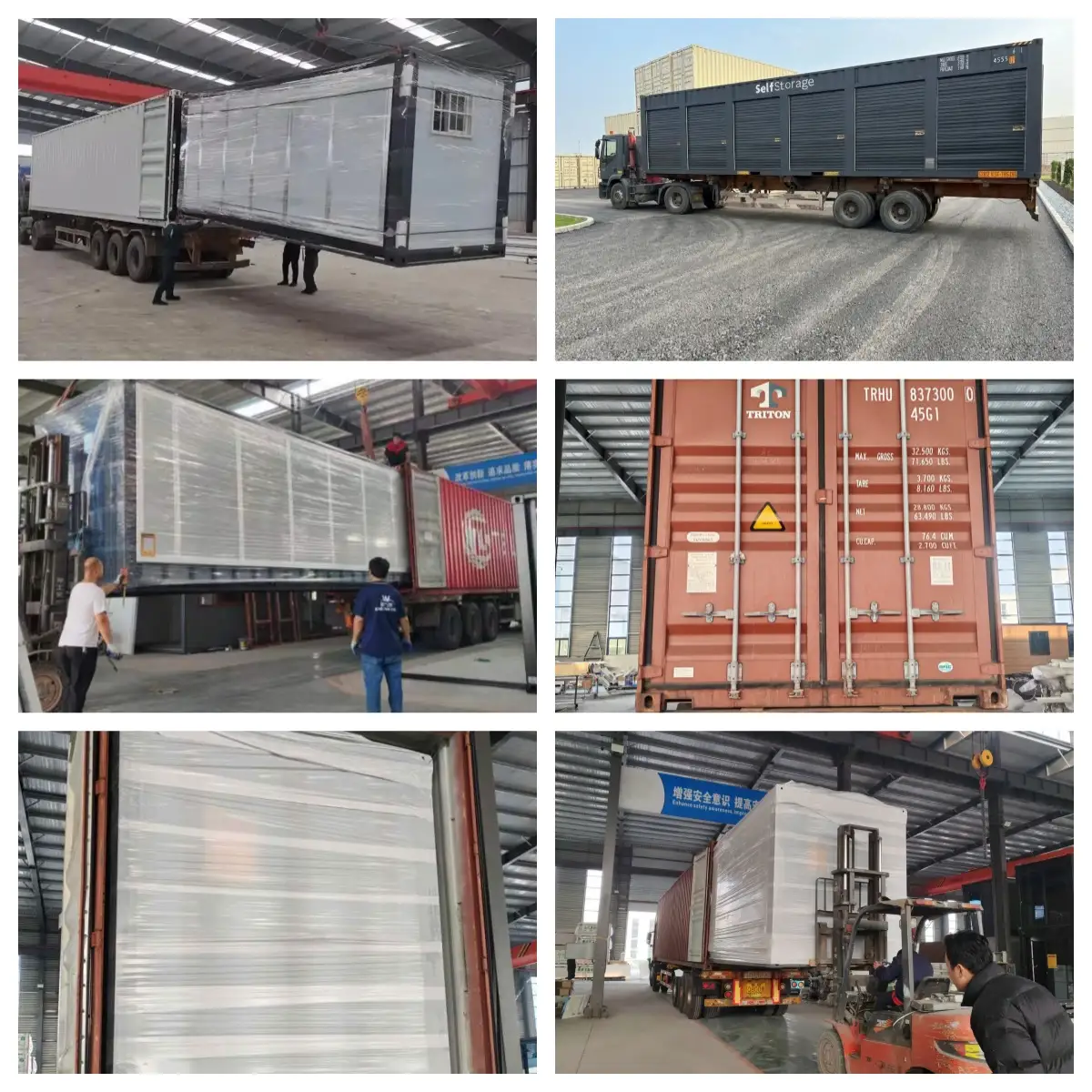 Multi-panel collage showing various stages of industrial expandable container house packaging and logistics, including flat-pack units securely wrapped in industrial stretch film, being loaded onto trucks with forklifts, and ready for sea freight export.