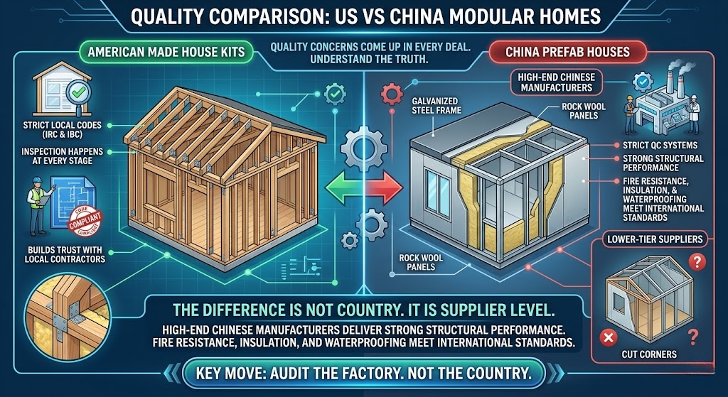  Quality comparison US vs China modular homes showing steel frame and insulation structure