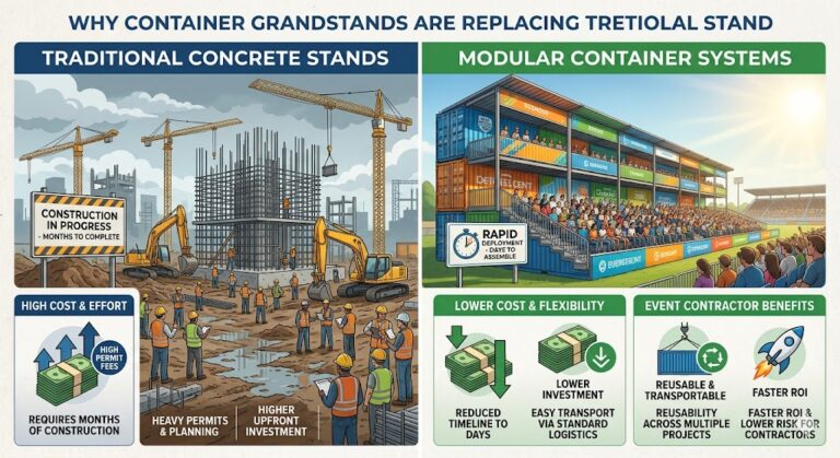 comparison of container grandstand vs traditional stadium construction cost and time