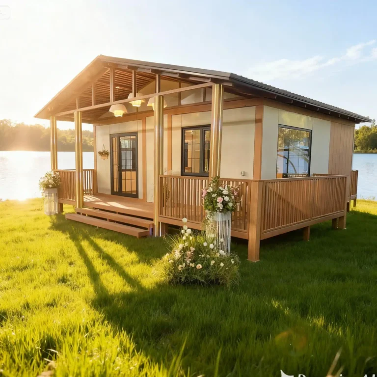 A luxury expandable container house brand showcase featuring a high-end modular home with a full front porch, wood-texture railing, and warm exterior lighting by a serene lakeside at sunset.