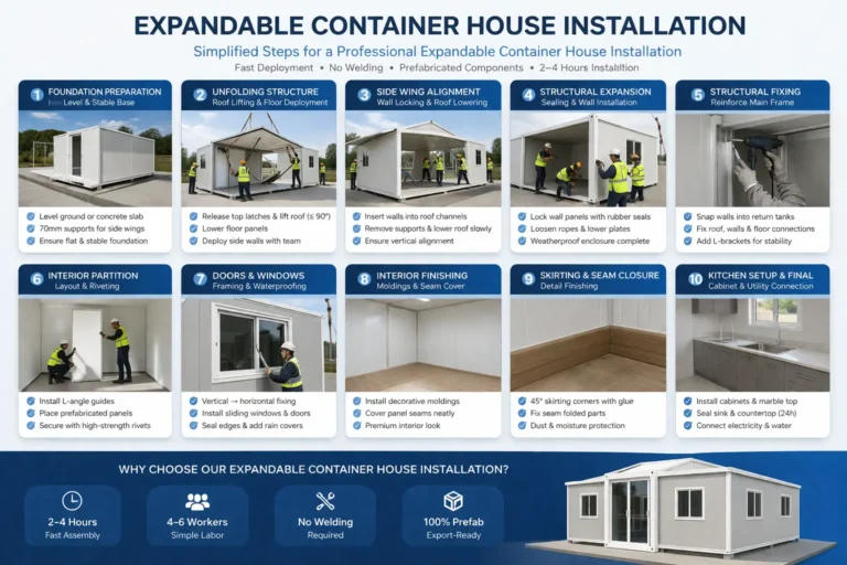 A detailed 10-step instructional infographic for an expandable container house installation, showing professional workers performing foundation prep, roof lifting, structural expansion, and interior finishing.