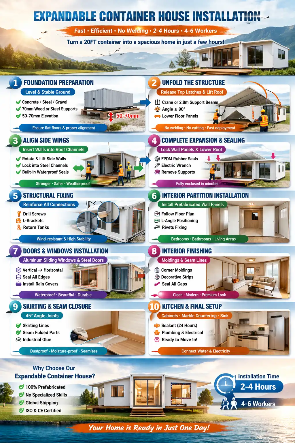 A technical 10-step infographic for expandable container house installation, detailing foundation preparation, structure unfolding, and interior finishing by professional workers.