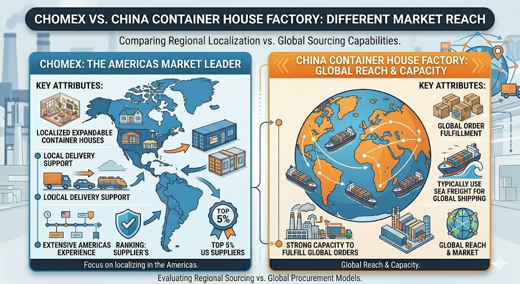 This infographic highlights the different market reaches of Chomex and Chinese container house factories by comparing regional localization against global sourcing capabilities. Chomex positions itself as a leader in the Americas, leveraging localized product designs, extensive regional experience, and robust local delivery support to rank among the top 5% of US suppliers. In contrast, Chinese factories focus on vast global reach and capacity, utilizing large-scale sea freight and high-volume production to fulfill diverse procurement orders for international markets across the globe.