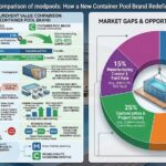 A strategic infographic comparing "Modpools" (market leader) with an "Emerging Container Pool Brand" across seven procurement dimensions. The left side uses progress bars and icons to show the emerging brand's advantages: 50-80% lower costs ($30k vs $100k), faster 2-month delivery, modular engineering with Q235 steel, and integrated service teams. The right side features a circular chart identifying market opportunities: 30% Delivery Speed, 30% Cost Efficiency, 25% Customization, and 15% Manufacturing Control. Visuals include a technical cross-section of a pool's multi-layer insulation and an illustration of a container pool being hoisted by a crane.