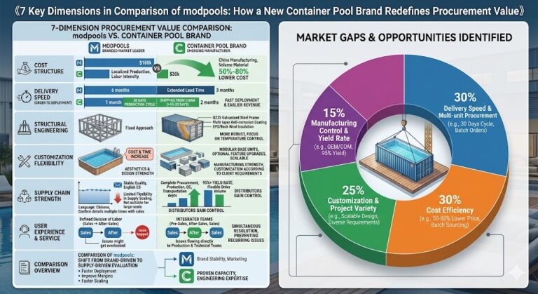 Um infográfico estratégico comparando "Modpools" (líder de mercado) com uma "Marca Emergente de Piscina Contêiner" em sete dimensões de aquisição. O lado esquerdo usa barras de progresso e ícones para mostrar as vantagens da marca emergente: custos 50-80% menores ($30k vs $100k), entrega mais rápida em 2 meses, engenharia modular com aço Q235 e equipes de serviço integradas. O lado direito apresenta um gráfico circular identificando oportunidades de mercado: 30% Velocidade de Entrega, 30% Eficiência de Custos, 25% Personalização e 15% Controle de Fabricação. Os visuais incluem uma seção transversal técnica do isolamento multicamadas de uma piscina e uma ilustração de uma piscina contêiner sendo içada por um guindaste.