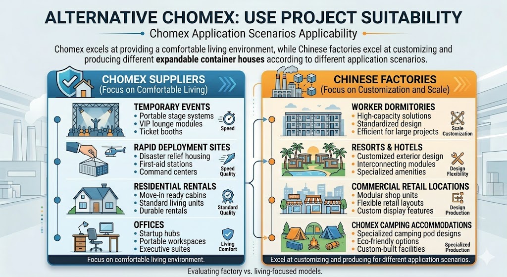  This infographic illustrates the Alternative Chomex: Use Project Suitability model, contrasting Chomex’s focus on comfortable living environments with Chinese factories’ strengths in customization and scale. Chomex Suppliers prioritize speed and living comfort for scenarios like temporary events, rapid disaster relief deployment, residential rentals, and ready-to-use office spaces; meanwhile, Chinese Factories offer design flexibility and mass production for large-scale projects such as high-capacity worker dormitories, customized resorts, modular retail layouts, and specialized camping accommodations.