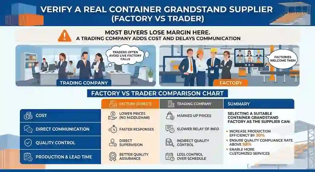 container grandstand supplier factory vs trading company comparison chart showing cost, control, and delivery differences