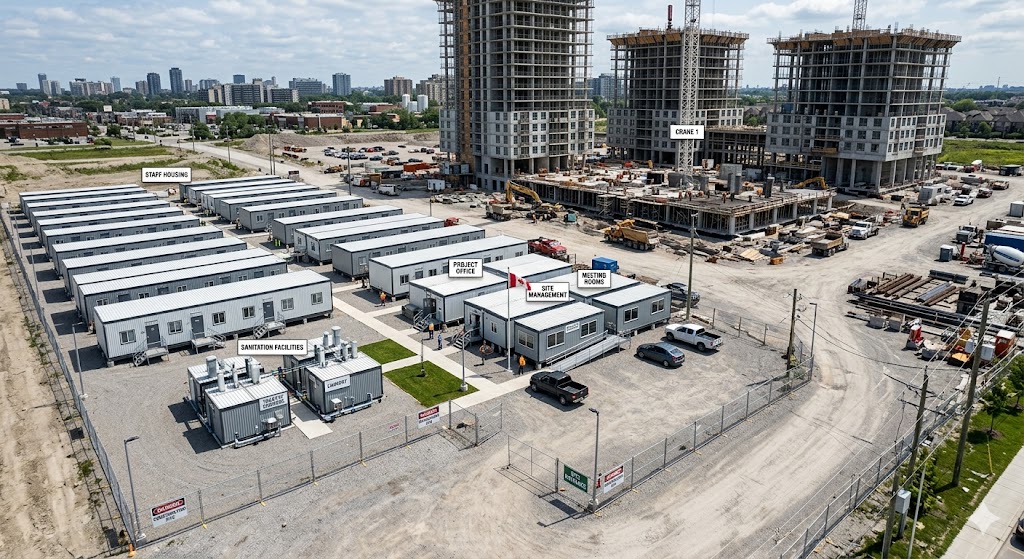 Temporary accommodation on a construction site layout showing modular housing units sanitation areas and site office containers