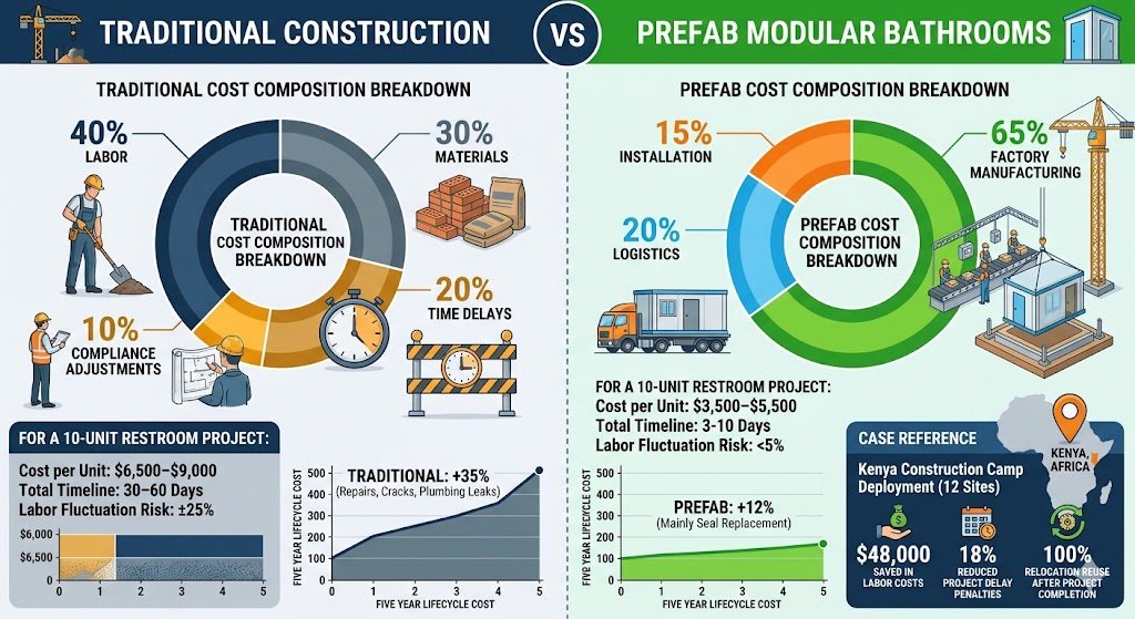 prefab restroom vs traditional restroom cost structure comparison infographic