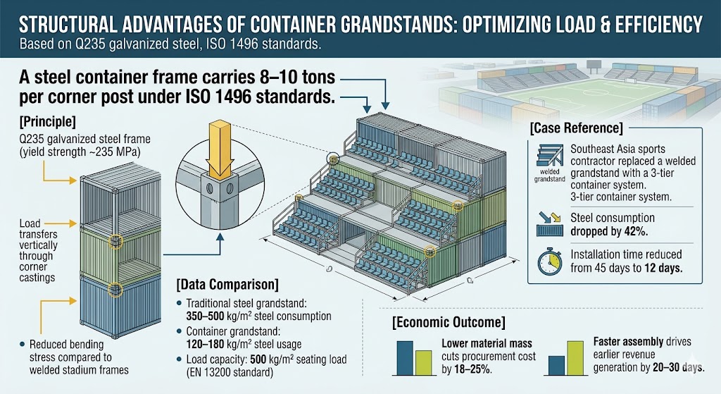 container grandstand structure design with steel frame and modular seating showing container grandstand worth