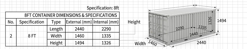 8ft storage container Length, Width, Height size
