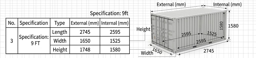 9ft container Length, Width, Height size