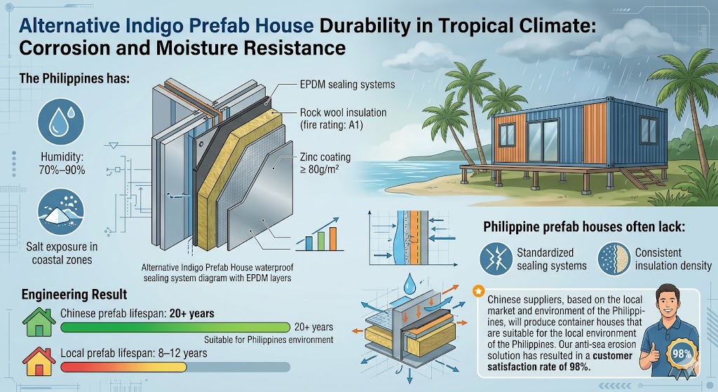 Alternative Indigo Prefab House waterproof sealing system diagram with EPDM layers (Insert waterproofing detail illustration)