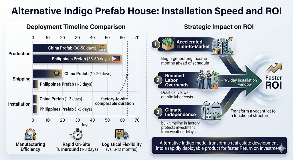 An infographic comparing the cost of Alternative Indigo prefab houses between China and the Philippines. The chart features a bar graph showing per square meter ($/m²$) costs for various factors:Structure (Steel Frame): Costs $35–$50 in China versus $60–$85 in the Philippines.Wall Panels: Costs $15–$25 in China versus $25–$40 in the Philippines.Total Cost: The total for China is $80–$120/m², while the Philippines is $130–$180/m².Technical Insights: Text notes indicate Chinese manufacturers use automated roll-forming machines to reduce steel waste by 12%–18%, whereas Philippine builders rely more on manual fabrication, leading to higher labor cost variability.