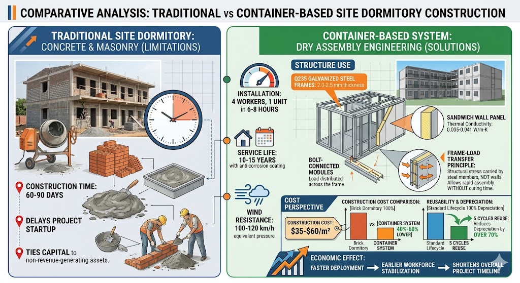 This infographic compares traditional concrete and masonry dormitories with modern container-based modular systems. The left side illustrates the slow, resource-heavy traditional construction process, highlighting its 60–90 day timeline and capital inefficiencies. The right side showcases the "dry assembly" engineering of container systems, featuring technical diagrams of the Q235 galvanized steel frames and sandwich wall panels. Data visualizations at the bottom demonstrate the container system's advantages in cost reduction (40%–60%), rapid installation (6–8 hours per unit), and high reusability over 5 cycles.