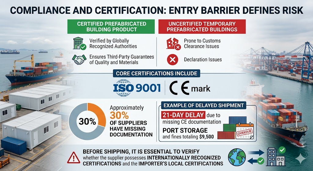 how compliance and certification mitigate risks in the prefabricated building industry by comparing certified products—which offer globally recognized quality guarantees—against uncertified ones that frequently face customs and declaration issues. It highlights that 30% of suppliers lack proper documentation and features a case study where missing CE mark or ISO 9001 certifications led to a 21-day shipment delay and $9,500 in fines. Ultimately, the graphic advises importers to verify all international and local certifications before shipping to avoid such costly logistical barriers.
