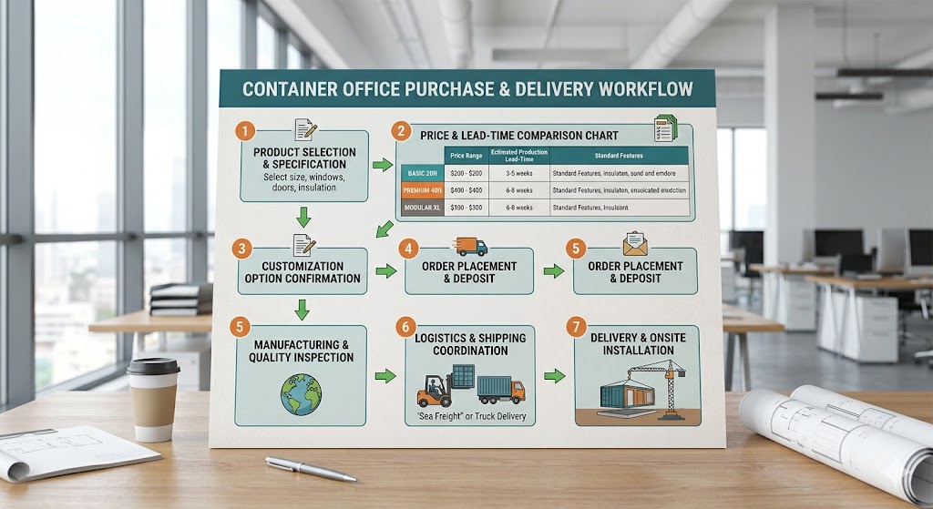 Online buying process for container office with price and lead-time comparison chart