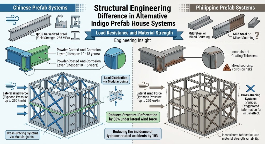 Alternative Indigo Prefab House structural frame diagram showing wind resistance design (Insert structural diagram of steel frame with load arrows)