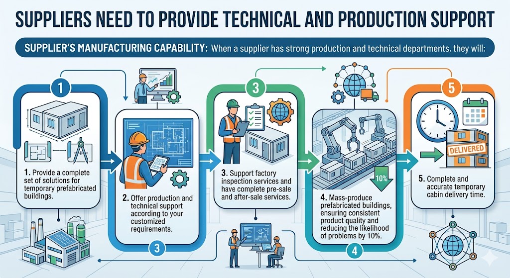 illustrates the five-step manufacturing capability process of a supplier with strong production and technical departments, starting with providing complete solutions for temporary prefabricated buildings and offering customized technical support based on specific requirements. The process continues with factory inspection services and comprehensive pre-sale and after-sale support, followed by mass production that ensures consistent quality while reducing potential problems by 10%, ultimately resulting in accurate and timely delivery of temporary cabins.
