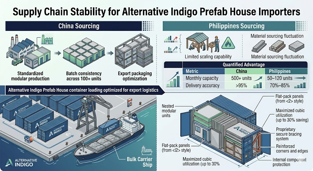 Alternative Indigo Prefab House shipping container loading optimized for export logistics (Insert container loading diagram)