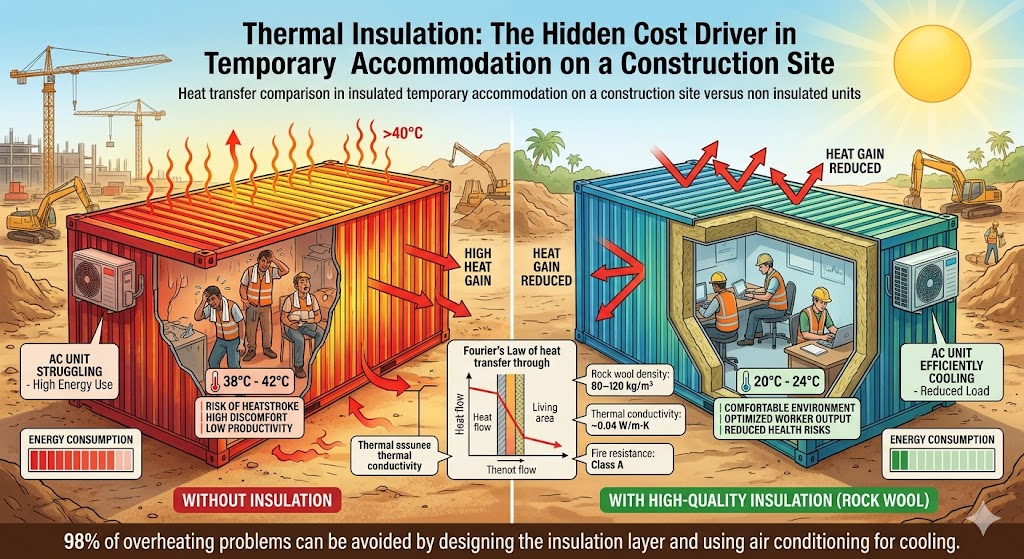 Heat transfer comparison in insulated temporary accommodation on a construction site versus non insulated units